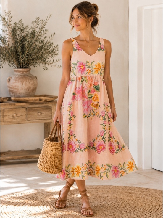Bellambra Dresses & Skirts - Bellambra Italian Linen Blend Floral Midi Dress Women’s Size M Pink Italy NWT